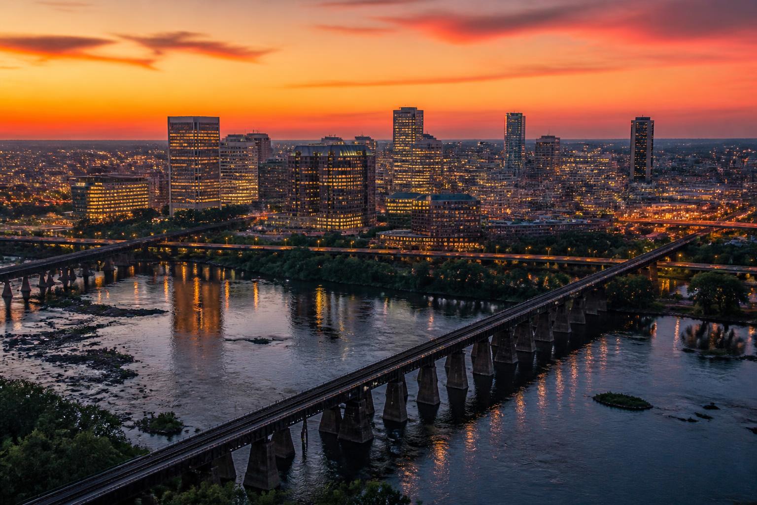 Richmond, Virginia skyline over the James River at dusk